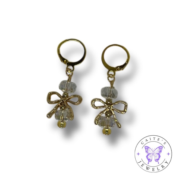 Handmade Gold Round Leverback Earrings with Bow Beads - Picture 2 of 3